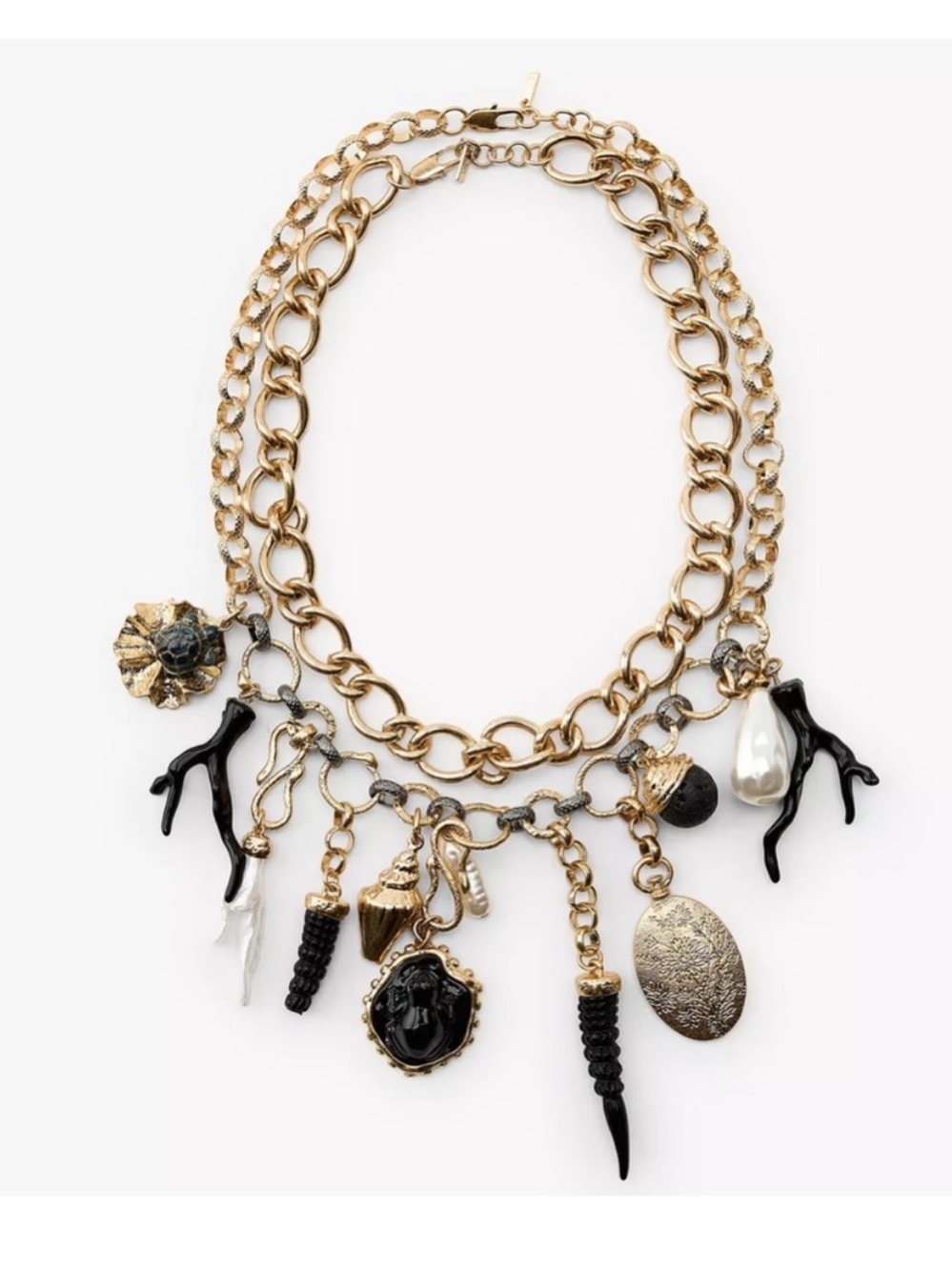 Zara Gold-Tone Charm Necklace with Black and Pearl Accents